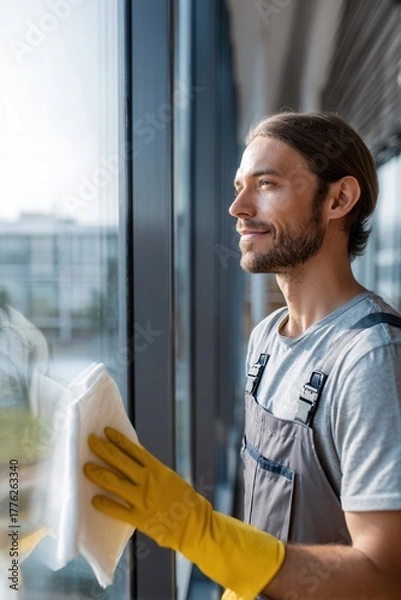 Fototapeta A male professional in overalls and gloves cleans a tall glass window using a cloth with a focused expression and natural light in the background