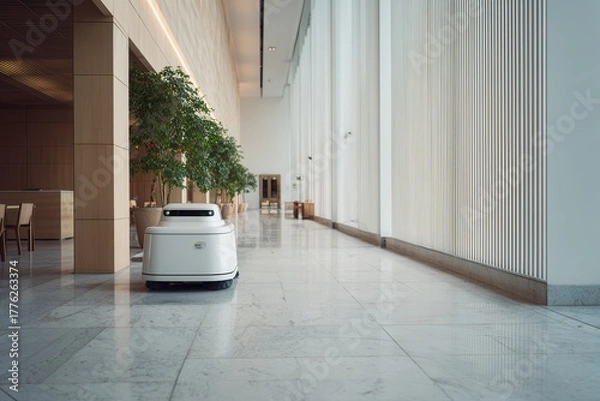 Obraz A white robotic cleaning unit is seen moving through a large modern lobby with polished marble floors and tall vertical windows in a corporate environment