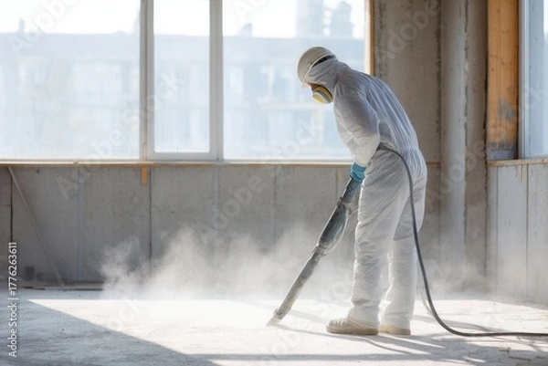 Fototapeta A worker in full protective hazmat clothing and respirator vacuums dust from a concrete floor in a bright building under construction