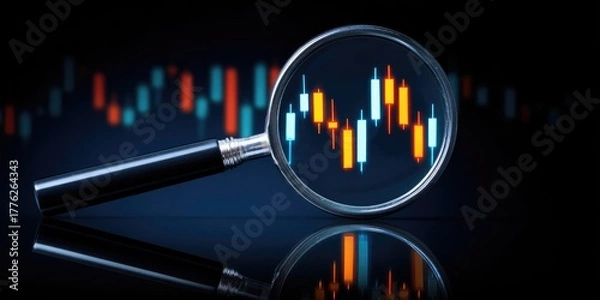 Fototapeta Stock market analysis investment trading insights with chart trends in a dynamic finance environment through a magnifying glass perspective