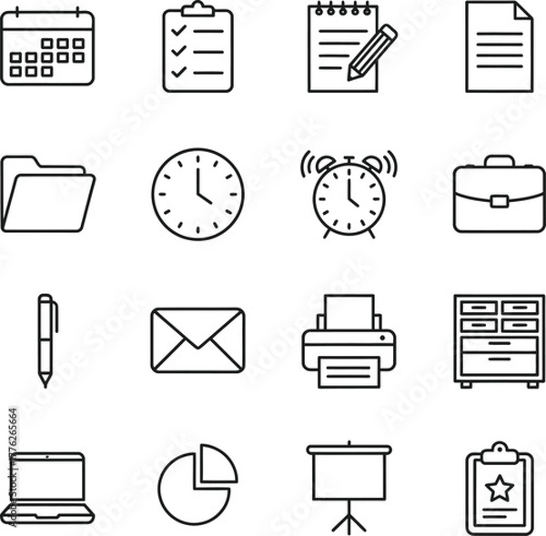 Obraz A collection of line art icons representing various office supplies, business tools, and productivity concepts.