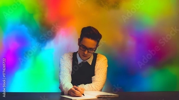 Obraz upper. Creative professional immersed in work, surrounded by vibrant abstract colors symbolizing ideas. wellbeing guides, coaching materials, designed for coaching and self-improvement content.