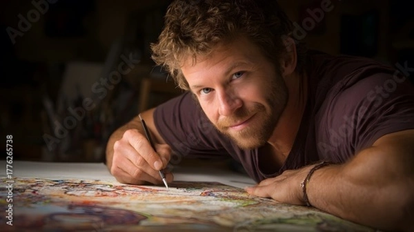 Fototapeta upper. Creative professional immersed in work, surrounded by vibrant abstract colors symbolizing ideas. wellbeing guides, coaching materials, designed for coaching and self-improvement content.