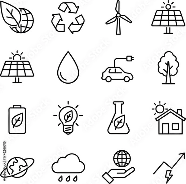 Fototapeta A collection of black and white line icons representing various aspects of environmental sustainability, renewable energy, and eco-friendly concepts.