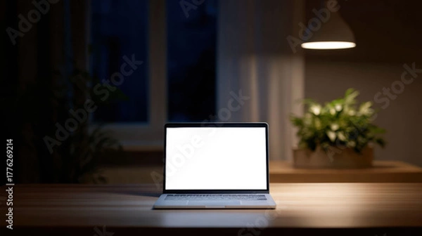Obraz Laptop with blank white screen mockup sits on wooden desk in dark home office at night. quiet workspace provides calm atmosphere for focused work with technology