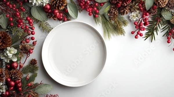 Fototapeta Festive white plate on a table decorated for the New Year with pine cones and Christmas tree branches