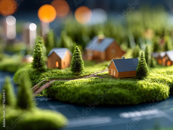 Obraz Rural sustainable initiatives being planned in community with miniature houses and greenery