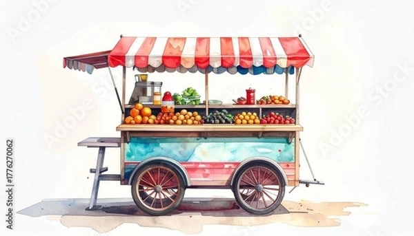 Obraz Colorful food cart with red-and-yellow striped canopy, painted fruit designs, and fresh produce on cobblestone street in lively market scene for editorial travel photography cultural decor and poetic 