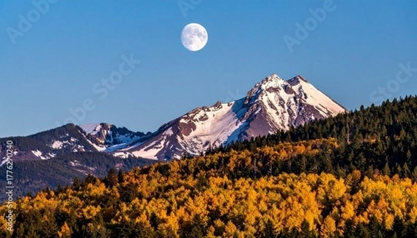 Fototapeta Snow-capped mountain with full moon above peak, surrounded by autumn forest in vibrant orange and yellow under clear blue sky for editorial nature photography seasonal decor and poetic alignment-theme