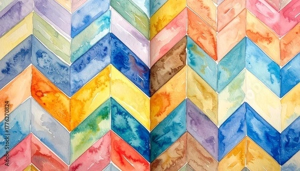 Fototapeta Open book with chevron-patterned watercolor pages in rainbow hues and maroon cover on light background for editorial art photography creative decor and poetic imagination-themed visuals