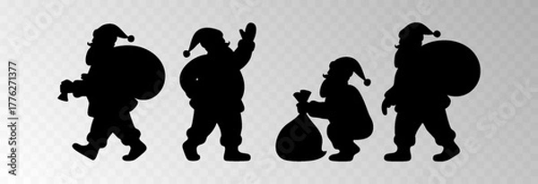 Fototapeta Santa Claus png with a big gift sack walking in snowy forest surrounded by Christmas trees, isolated on transparent background, space for holiday sale text, luxury New Year card vector