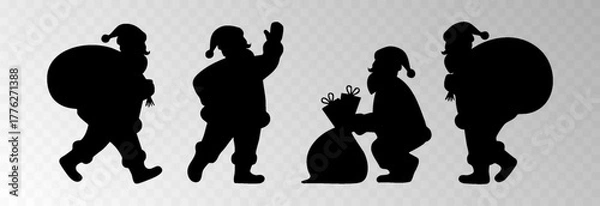 Fototapeta Santa Claus png with a big gift sack walking in snowy forest surrounded by Christmas trees, isolated on transparent background, space for holiday sale text, luxury New Year card vector