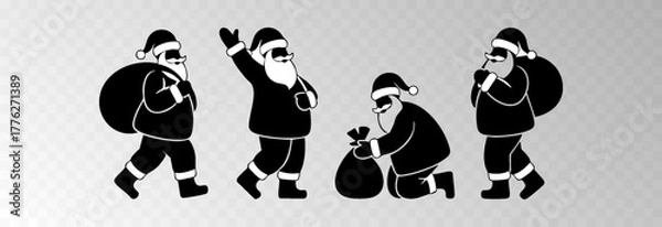 Fototapeta Santa Claus png with a big gift sack walking in snowy forest surrounded by Christmas trees, isolated on transparent background, space for holiday sale text, luxury New Year card vector