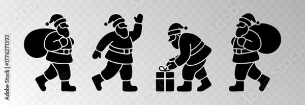 Fototapeta Santa Claus png with a big gift sack walking in snowy forest surrounded by Christmas trees, isolated on transparent background, space for holiday sale text, luxury New Year card vector