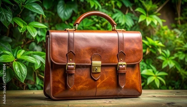 Fototapeta Brown leather briefcase with gold-toned buckles, central lock, and polished finish placed on wooden surface with green foliage background for editorial business photography professional accessory deco