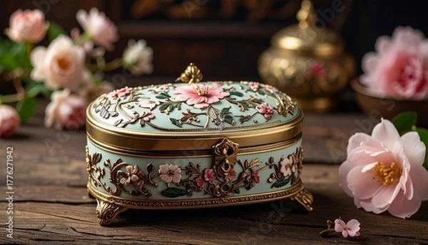 Fototapeta Ornate white jewelry box with gold accents, floral bouquet lid, embossed sides, and keyhole placed on wooden surface with scattered petals for editorial luxury photography sentimental decor and poetic