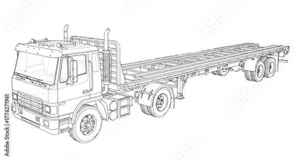 Fototapeta Detailed black and white line art of a semitruck with a long flatbed trailer chassis.