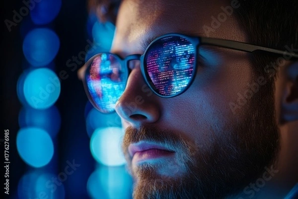 Obraz Programming and AI code with a man focusing on digital software, cybersecurity, and website development. A futuristic scene emphasizing technology, innovation, and data analysis, Generative AI