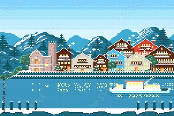 Obraz Winter with Many houses on snow floor and mountain background in pixel game.