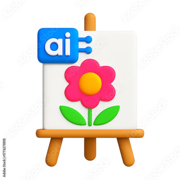Obraz 3d icon of easel with flower and ai icon isolated on transparent background