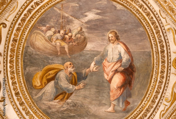 Fototapeta SALERNO, ITALY - OCTOBER 6, 2025: The ceiling fresco of  Drowned Peter and Jesus in the crypt of Cathedral of St. Matthew by Belisario Corenzio (1558–1646)