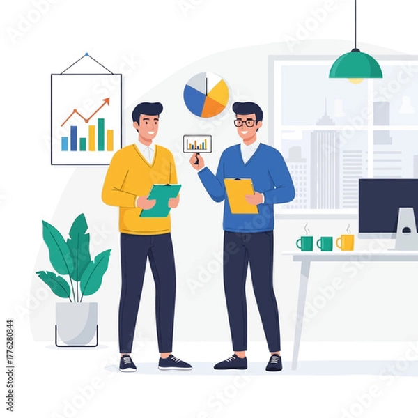 Obraz Two businessmen discussing charts and graphs in an office setting.