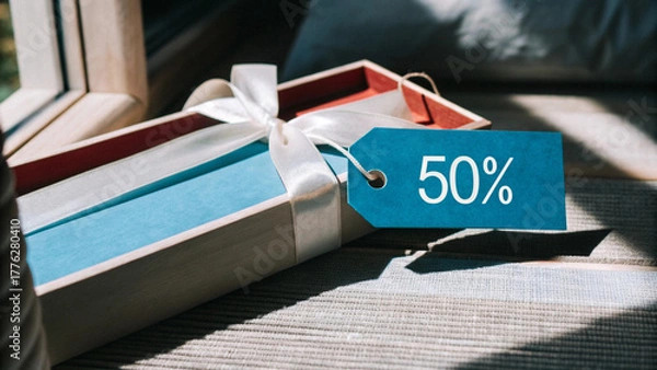 Fototapeta Elegant Present with Ribbon and Price Tag