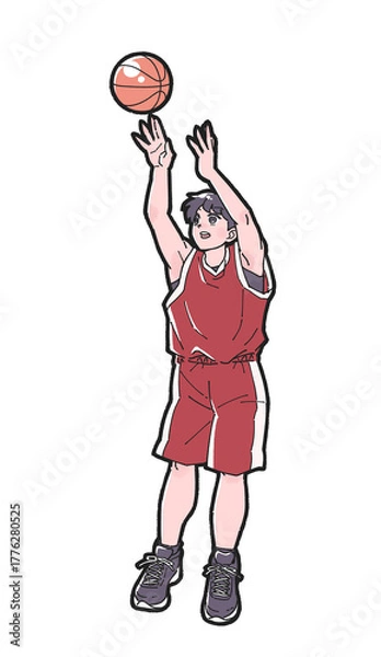 Obraz バスケットボールのシュートをする赤いウェアを着た男の子のイラスト