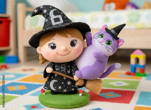 Fototapeta Cute Little Witch With A Purple Cat And A Witches' Hat In A Colourful Kids Room