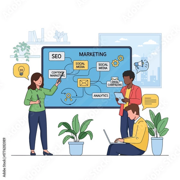 Fototapeta Marketing Team Collaboration on SEO Strategy and Analytics.