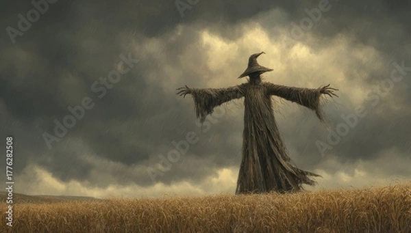 Fototapeta Mysterious Scarecrow Witch in a Field Under a Stormy Sky.