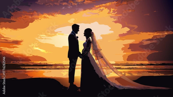 Obraz Stunning silhouette of bride and groom holding hands at sunset, romantic wedding on the beach, golden hour light casting warm glow for dreamy nuptials