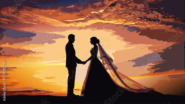 Obraz Romantic silhouette of a newlywed couple holding hands at sunset, celebrating their love and commitment with golden hour light and a vibrant sky
