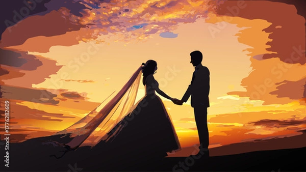 Obraz Elegant silhouette of bride and groom holding hands at sunset, vector art conveys romance and commitment with a warm, dreamy vibe perfect for wedding themes