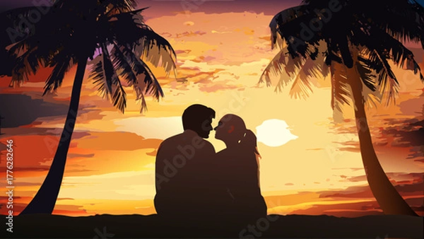 Obraz Romantic tropical getaway with sunset beach scene, couple embracing beneath palm trees, creating a dreamy vacation moment, perfect for travel, romance, or relaxation