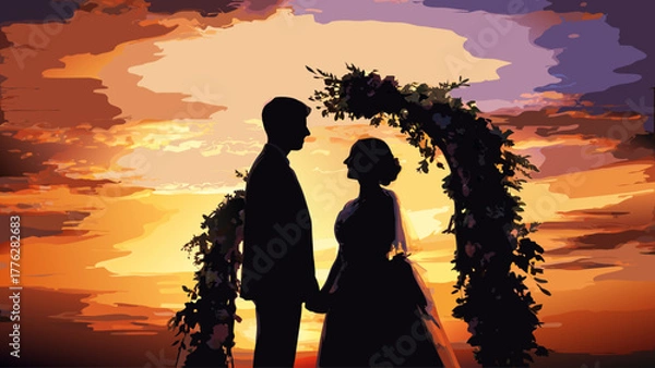 Obraz Romantic wedding silhouette at sunset with floral arch, a dreamy vector illustration of love and commitment in a vibrant, golden light backdrop