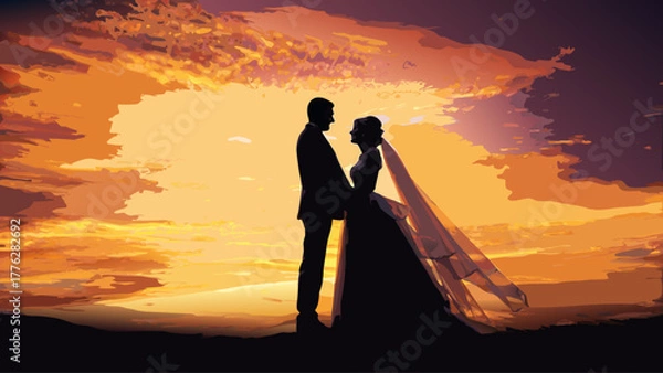 Obraz Stunning silhouette of a newlywed couple embracing at sunset, a romantic moment captured against vibrant skies, symbolizing love and commitment for anniversaries
