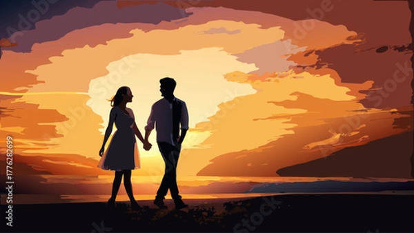 Obraz Romantic couple walking hand in hand at sunset on beach, sharing special moment together, vector design for anniversary, love, and relationship concepts