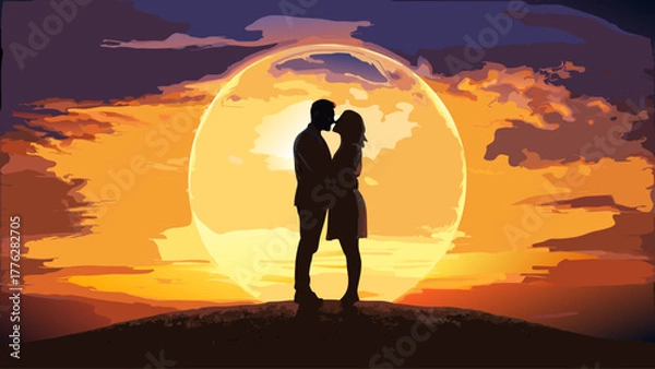 Obraz Romantic couple embraces tenderly against a stunning sunset, love and connection, silhouette against warm sky, ideal for romance travel or relationship concepts