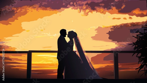 Obraz Romantic silhouette of wedding couple embracing at sunset, a promise of forever, love and commitment in a stunning, artistic vector design