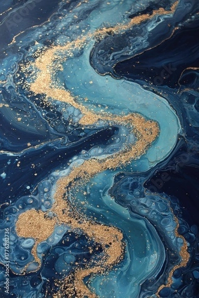 Obraz Abstract Flowing Blue and Gold Fluid Art.