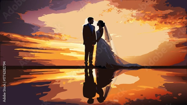 Obraz Romantic wedding silhouette at sunset reflecting on water, capturing the essence of love and commitment, ideal for invitations and celebrations