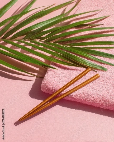 Fototapeta Pink Towel with Chopsticks and Palm Leaf.
