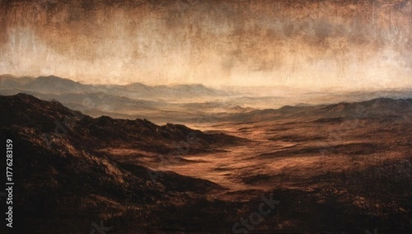 Obraz A View of a Mountainous Landscape at Dawn or Dusk.