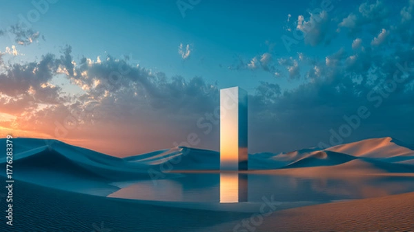 Obraz Conceptual art of mirrored monolith in dreamlike desert at sunset