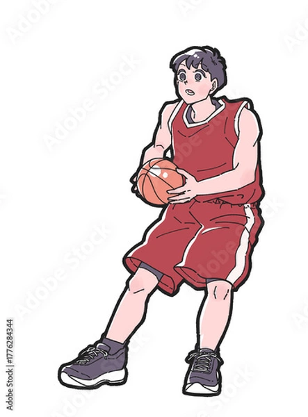 Obraz シュートを打とうとする赤いウェアのバスケットボールの男子選手のイラスト