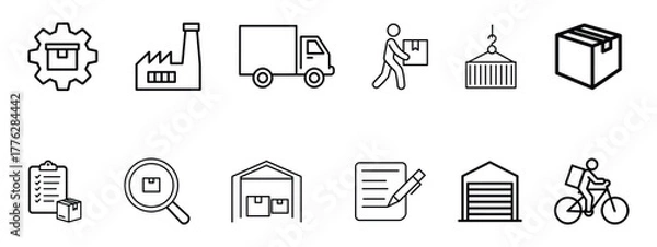 Fototapeta Distribution, logistics icon set vector. delivery, manufacturing, and warehousing processes symbol. vector illustration.