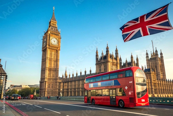 Fototapeta Iconic red double decker bus passing Big Ben under blue sky