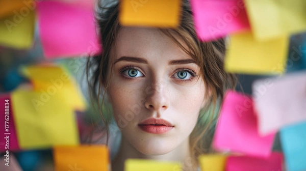 Obraz Portrait of a young woman with striking blue eyes, surrounded by vibrant, colorful sticky notes, conveying a sense of focus and organization.