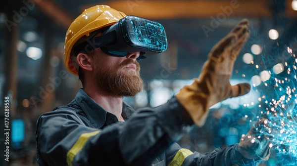 Fototapeta Modern industry worker with a beard, wearing a safety helmet and VR headset, manipulating digital sparks in a factory. Future of production.